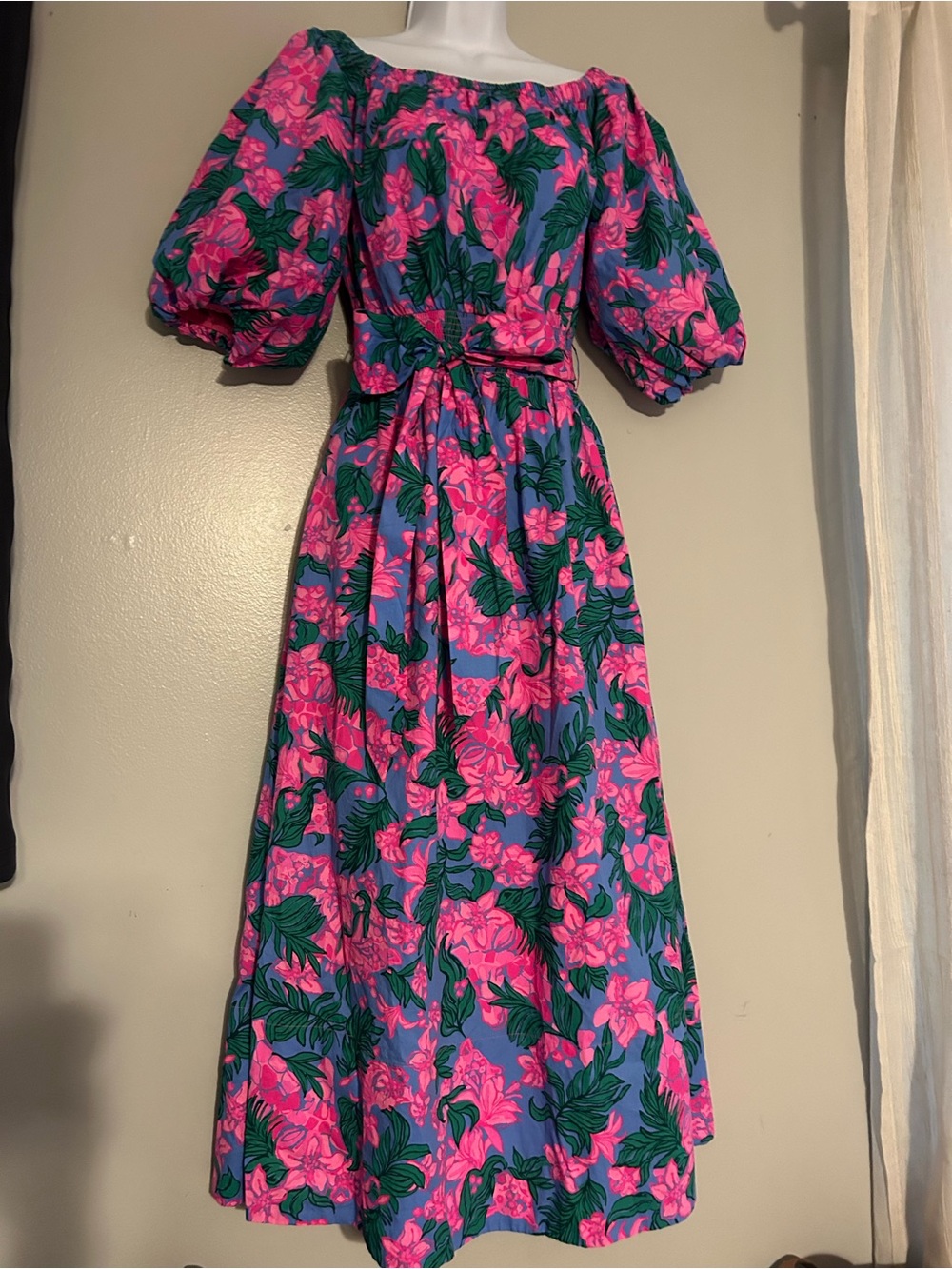 Lilly Pulitzer Pink & Green Floral Off-Shoulder Maxi Dress